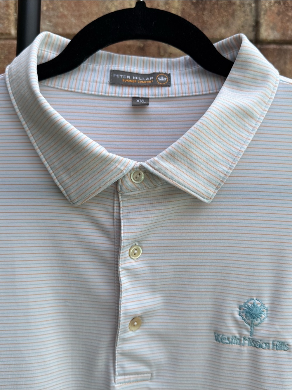 Peter Millar Men's Summer Comfort White Polo w Peach & Pale Blue Micro Stripes